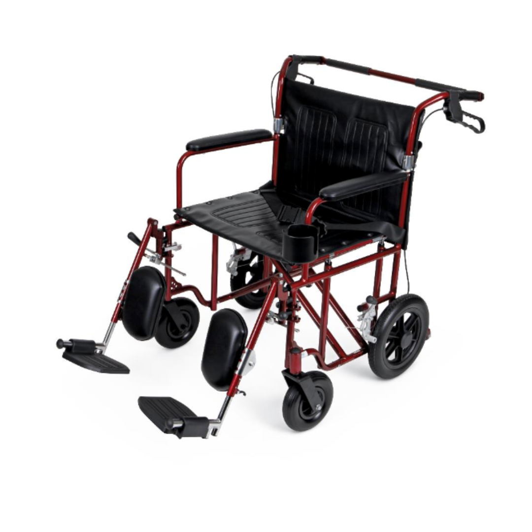 The Medline Freedom Plus Lightweight Bariatric Transport Chair boasts a striking red and black foldable design with cushioned seating, easy-to-use hand brakes, sturdy footrests, and four small solid wheels for effortless mobility and convenient portability.